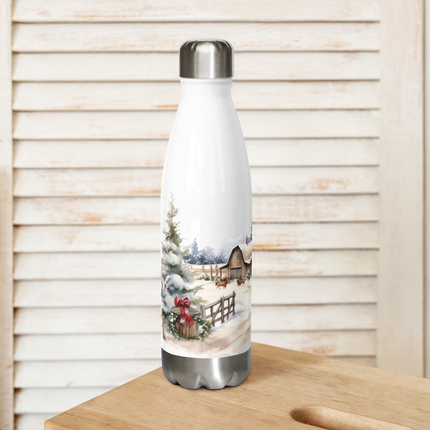 Winter Farm Scene Stainless Steel Water Bottle Right - Simple Designs LLC