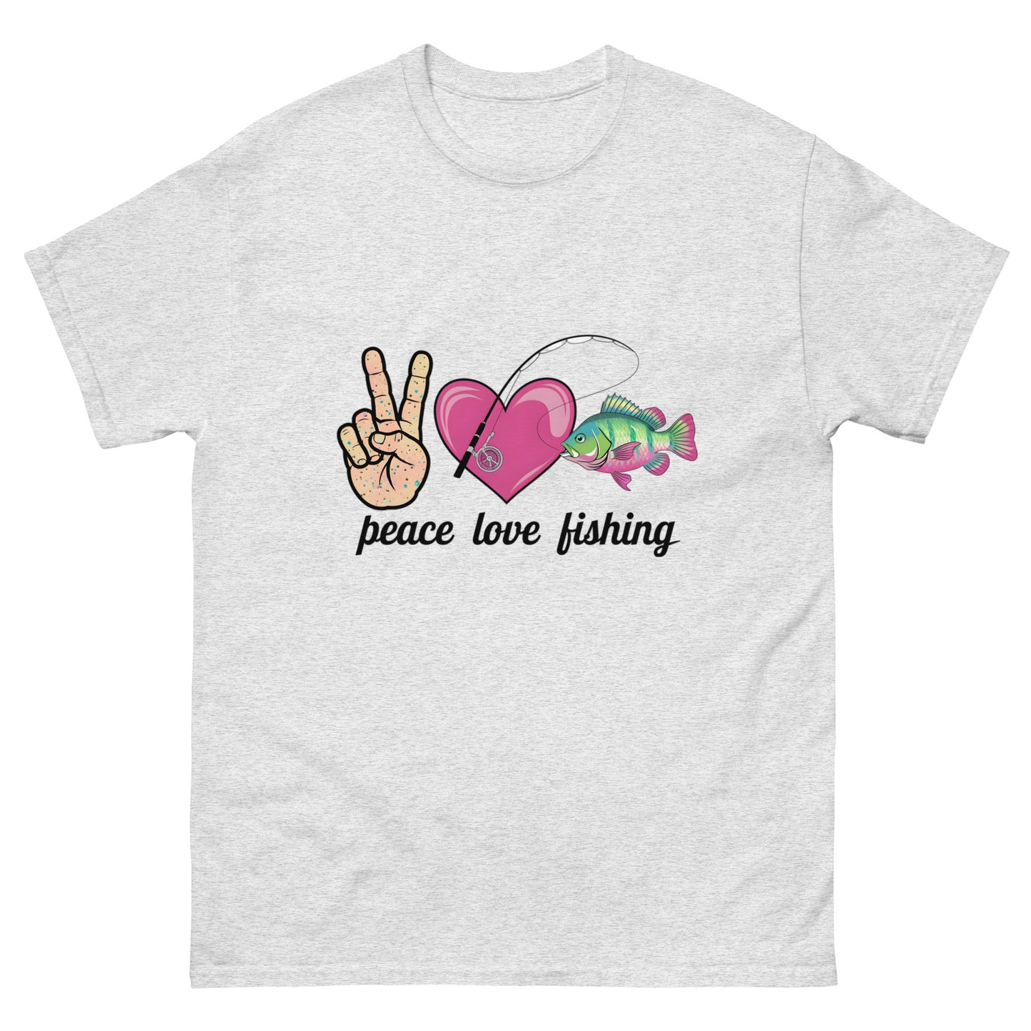 Peace Love Fishing Unisex Classic Tee Ash Front - Simple Designs LLC