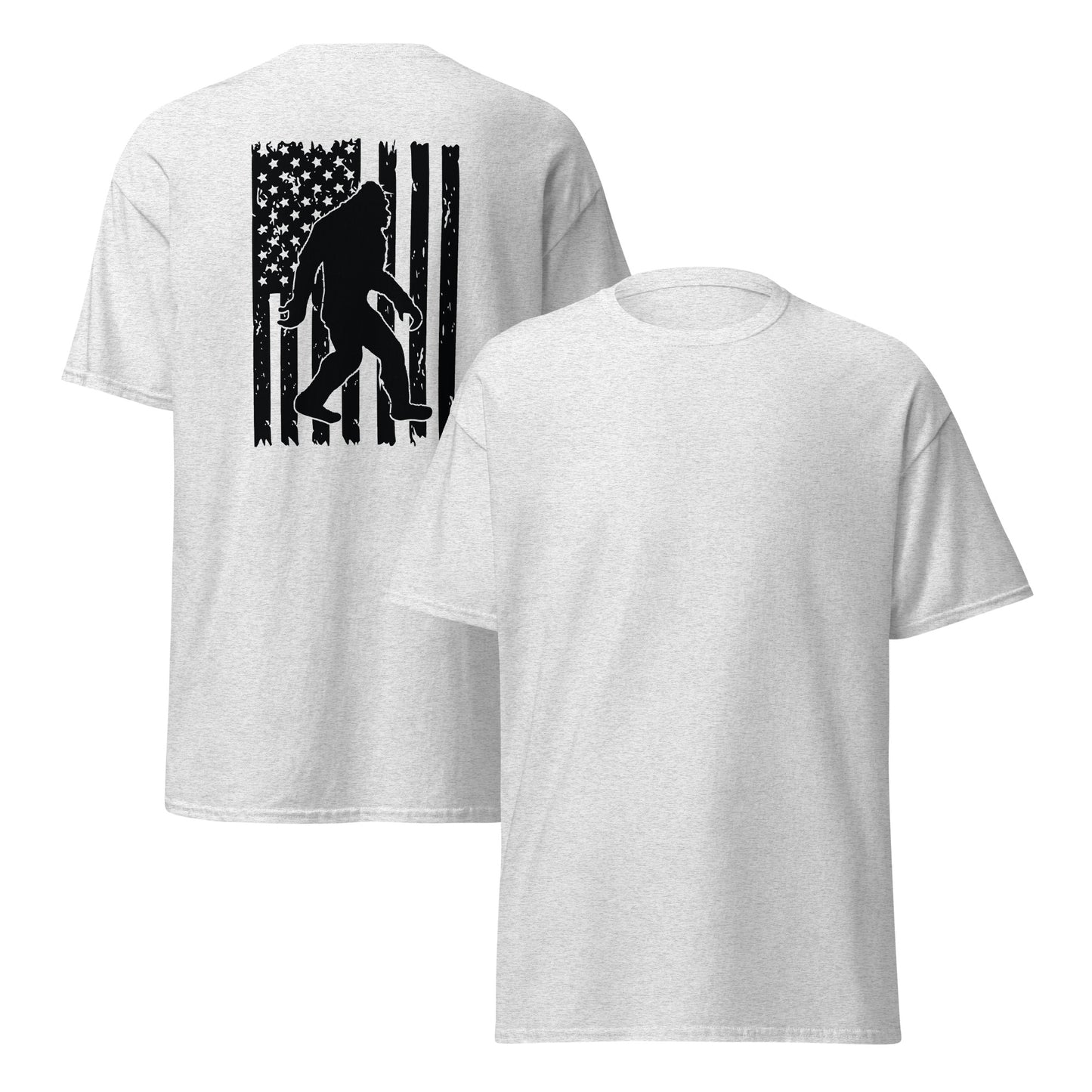 Bigfoot American Flag Unisex Classic Tee Ash Front & Back - Simple Designs LLC