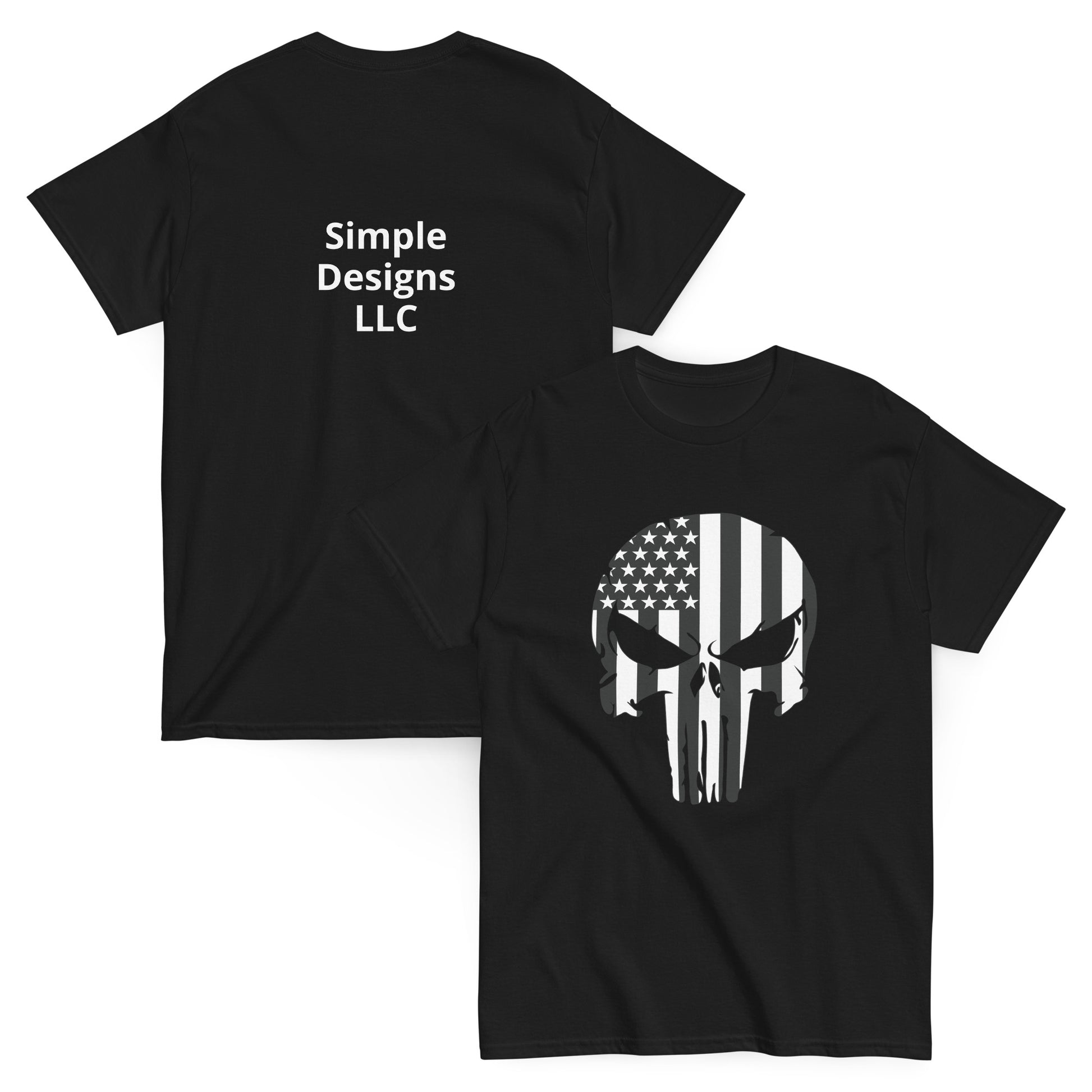 Punisher Skull Unisex Classic Tee Black Front and Back - Simple Designs LLC