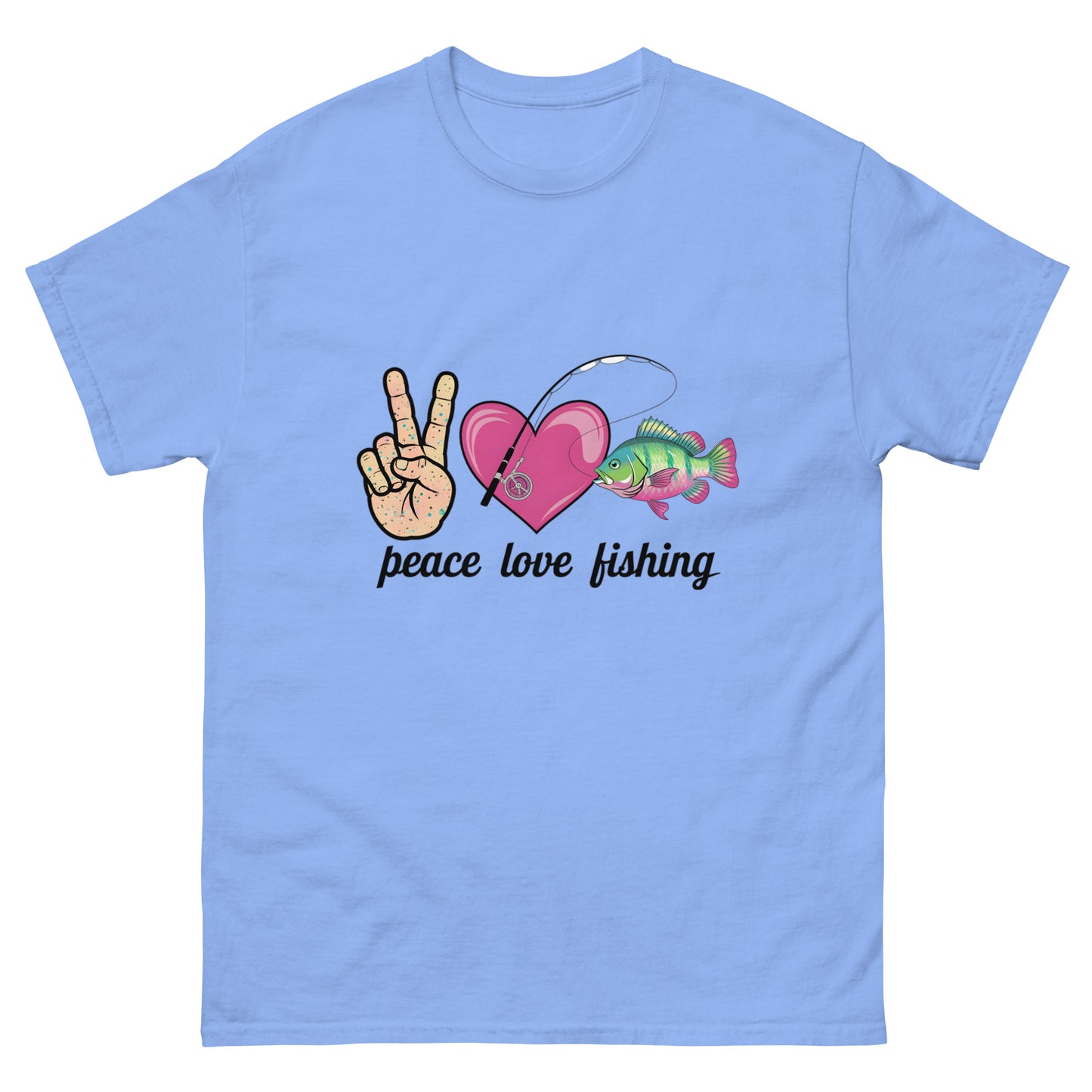 Peace Love Fishing Unisex Classic Tee Carolina Blue Front - Simple Designs LLC
