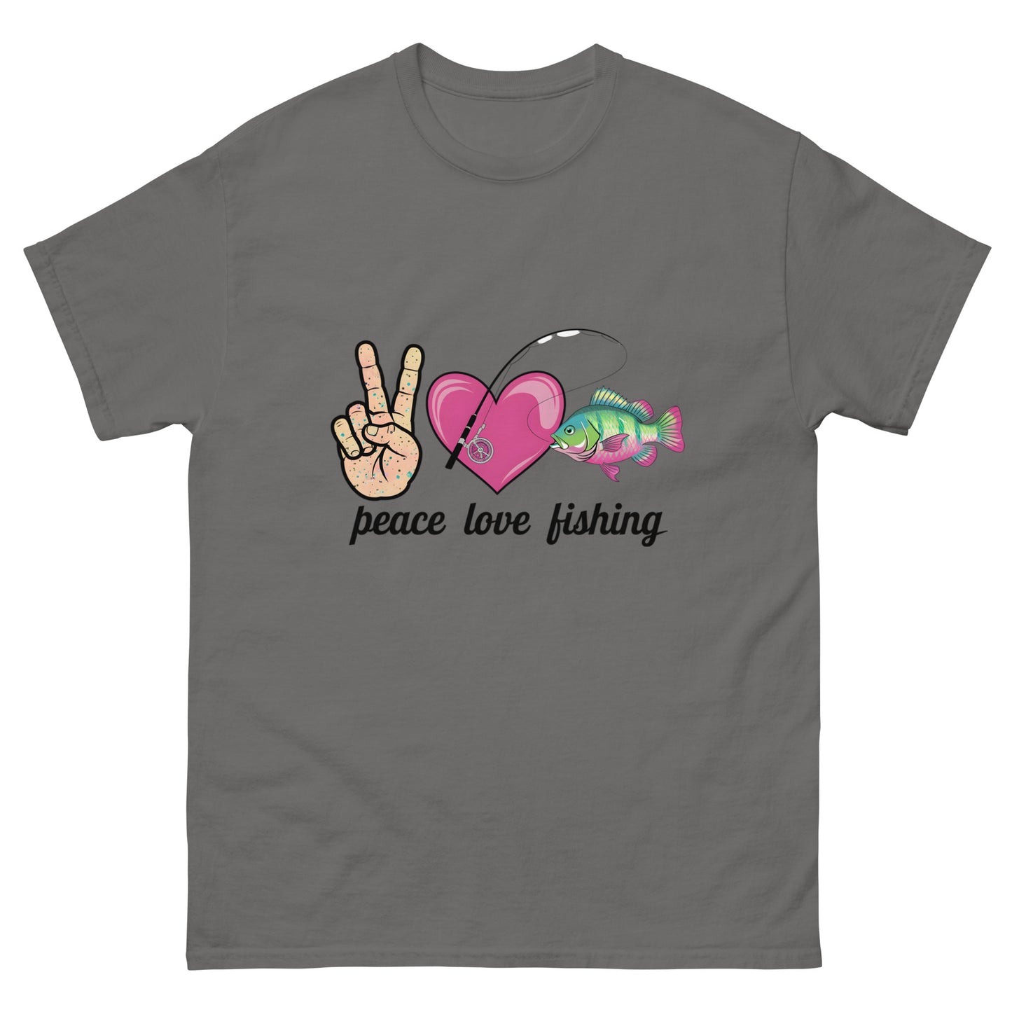 Peace Love Fishing Unisex Classic Tee Charcoal Front - Simple Designs LLC