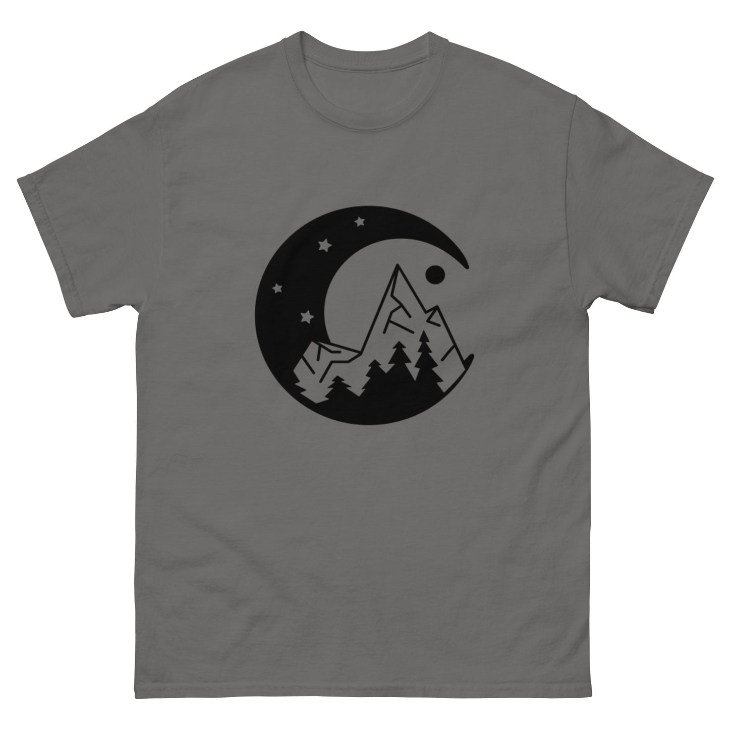 Moon and Mountain at Night Unisex Classic Tee Charcoal Front - Simple Designs LLC