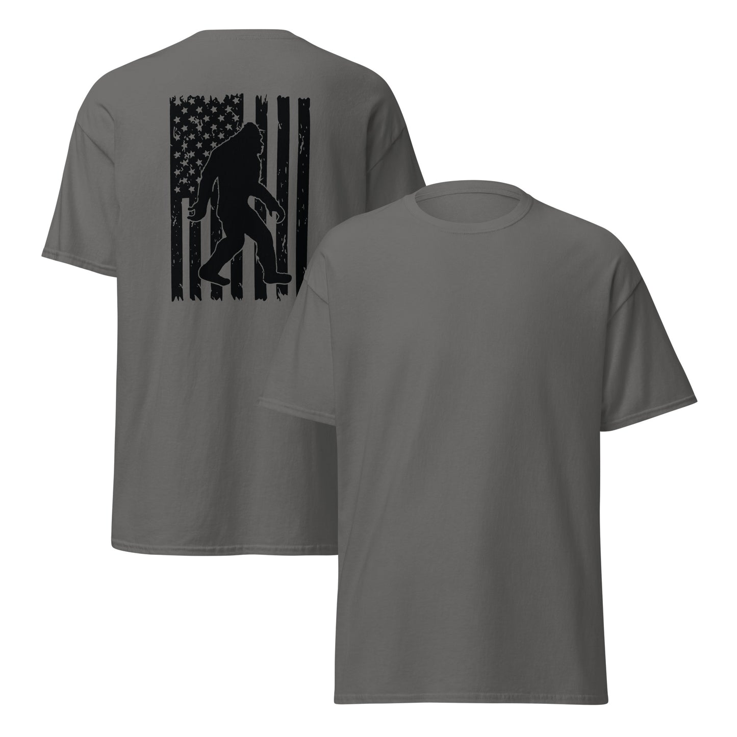 Bigfoot American Flag Unisex Classic Tee Charcoal Front & Back - Simple Designs LLC