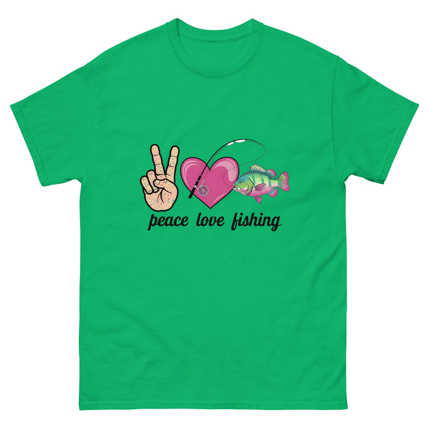 Peace Love Fishing Unisex Classic Tee Irish Green Front - Simple Designs LLC
