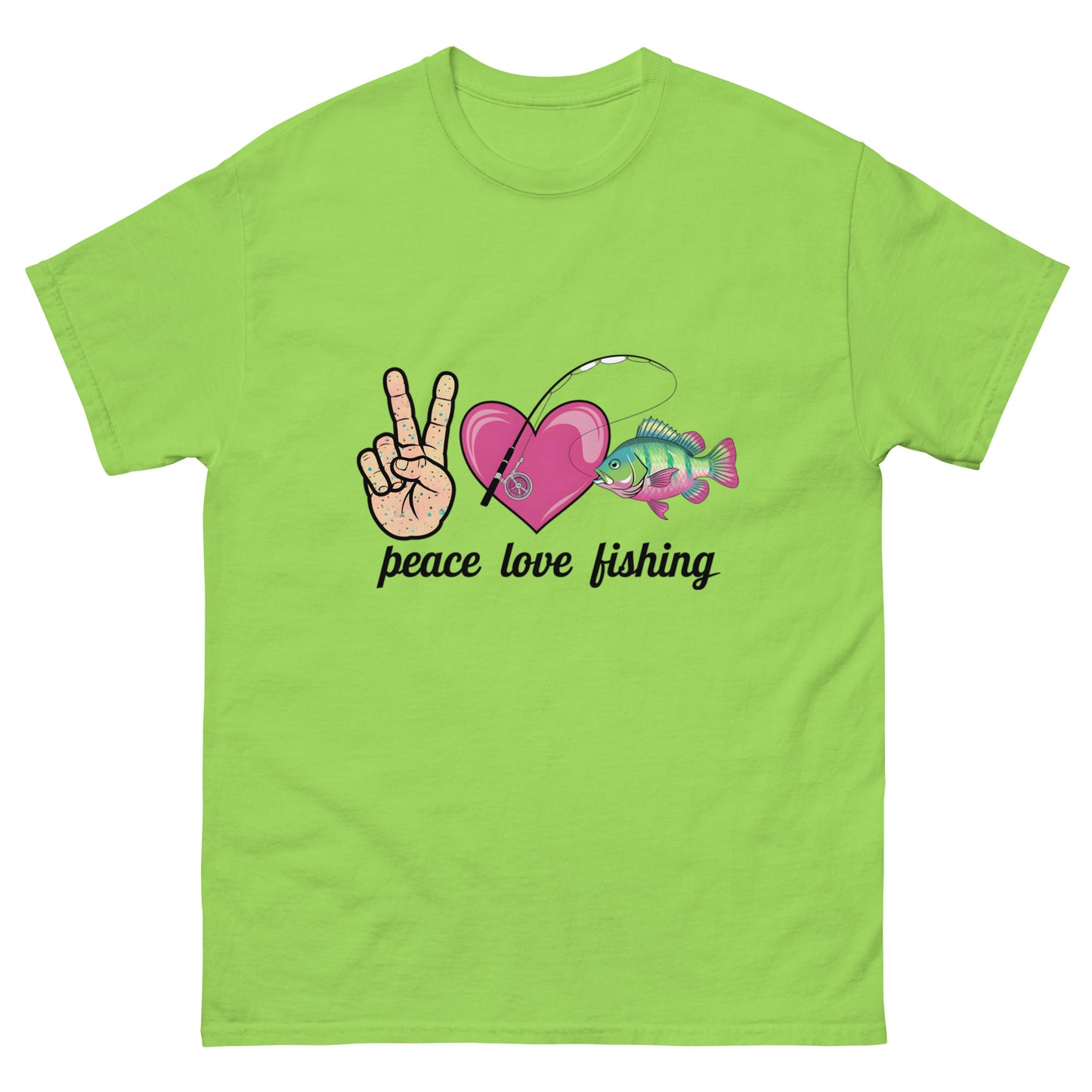 Peace Love Fishing Unisex Classic Tee Lime Front - Simple Designs LLC