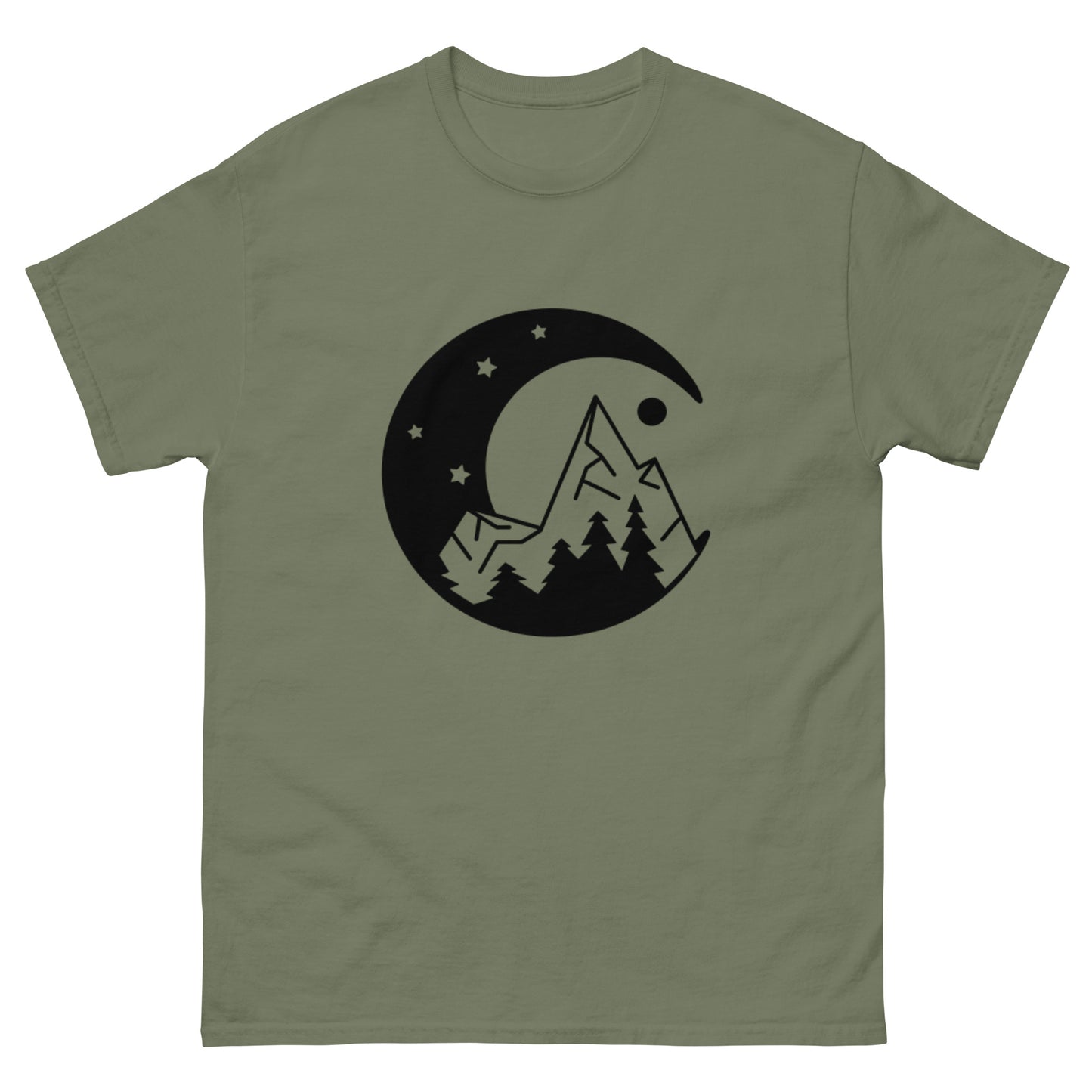 Moon and Mountain at Night Unisex Classic Tee Military Green Front - Simple Designs LLC