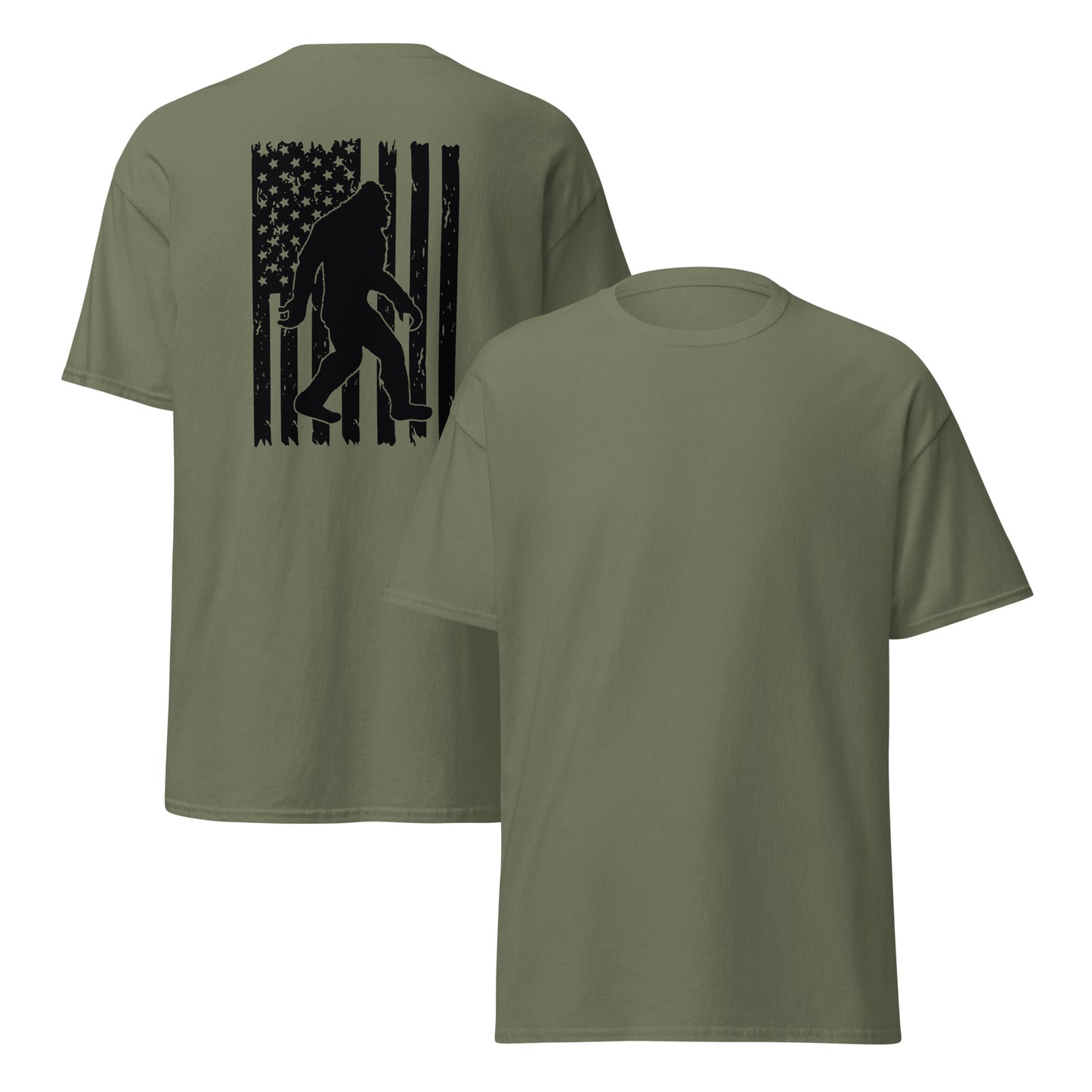 Bigfoot American Flag Unisex Classic Tee Military Green Front & Back - Simple Designs LLC
