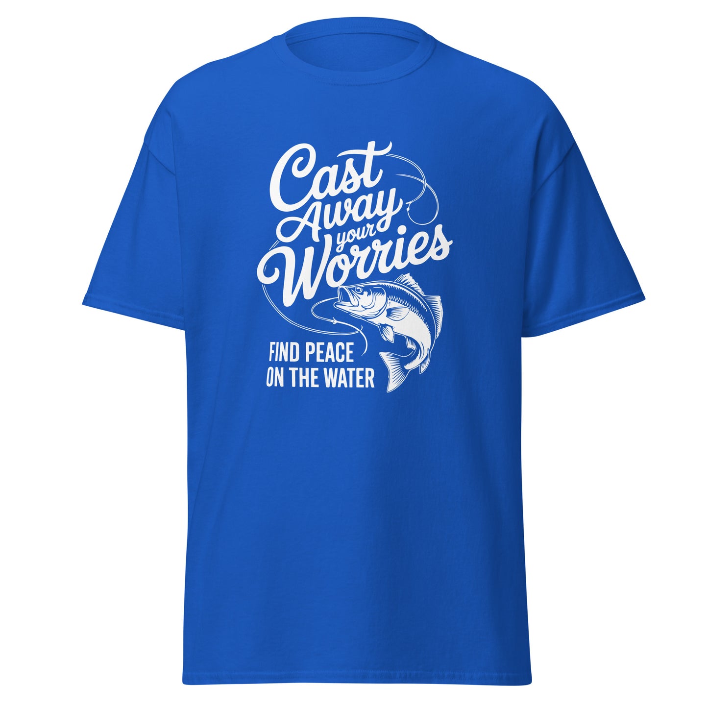 Cast Away Your Worries Find Peace on The Water Unisex Classic Tee Royal Front - Simple Designs LLC