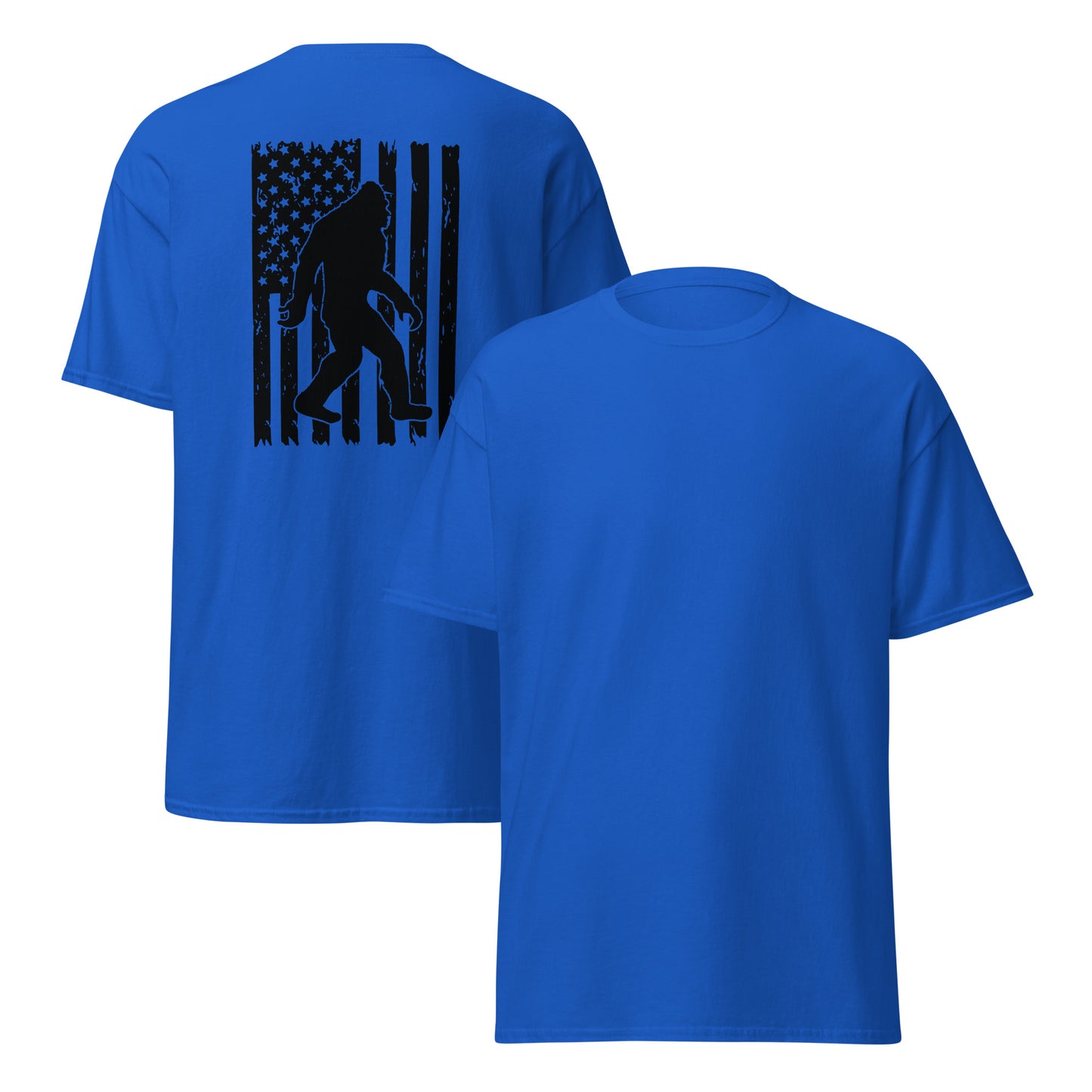 Bigfoot American Flag Unisex Classic Tee Royal Front & Back - Simple Designs LLC