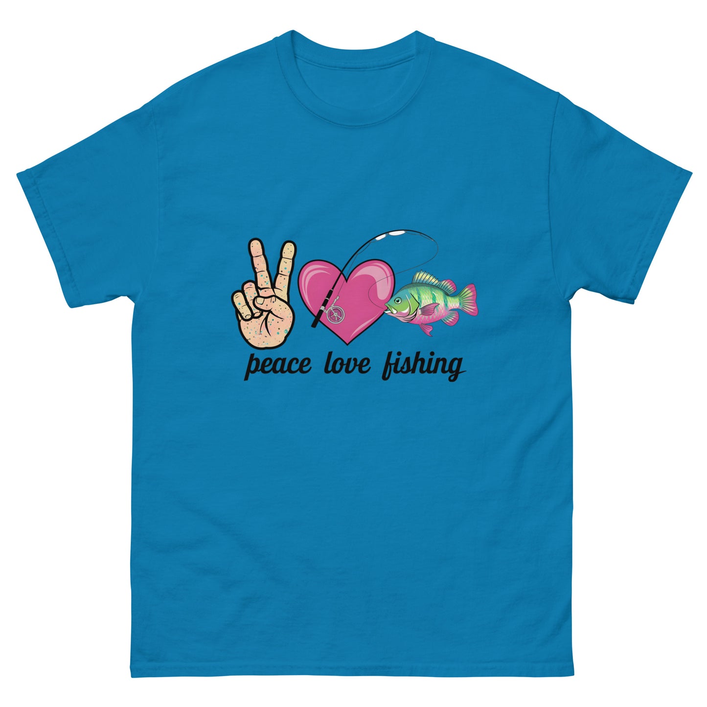 Peace Love Fishing Unisex Classic Tee Sapphire Front - Simple Designs LLC
