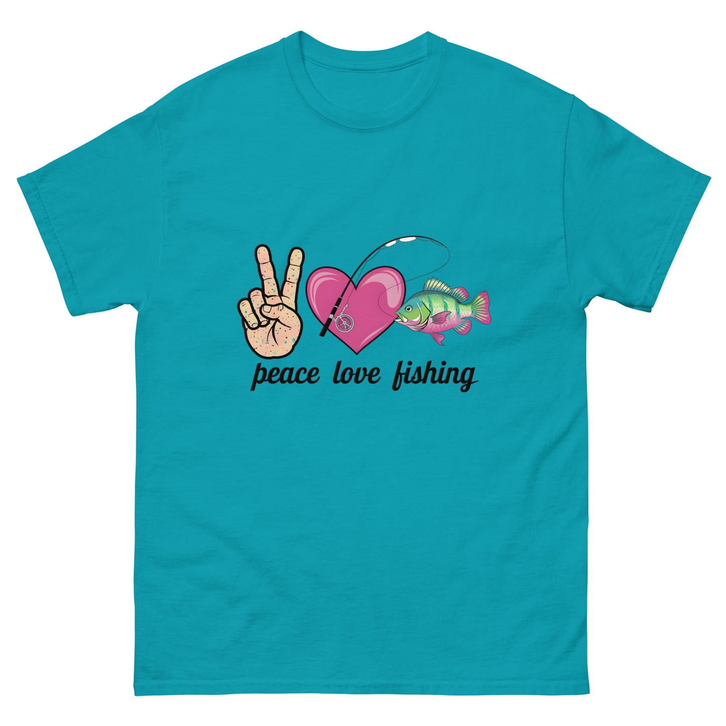 Peace Love Fishing Unisex Classic Tee Tropical Blue Front - Simple Designs LLC