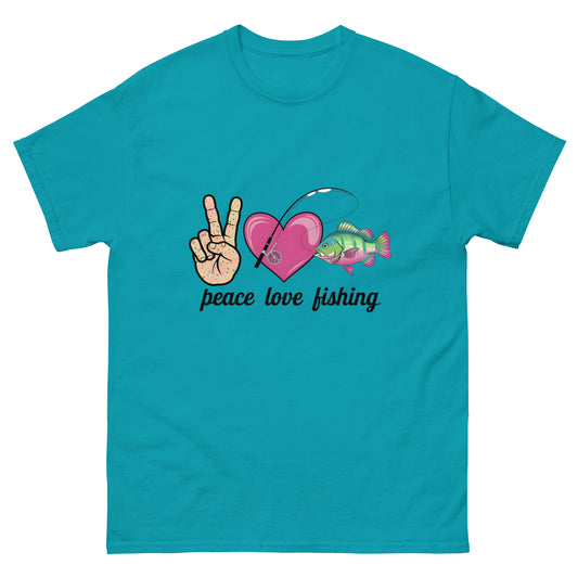 Peace Love Fishing Unisex Classic Tee Tropical Blue Front - Simple Designs LLC