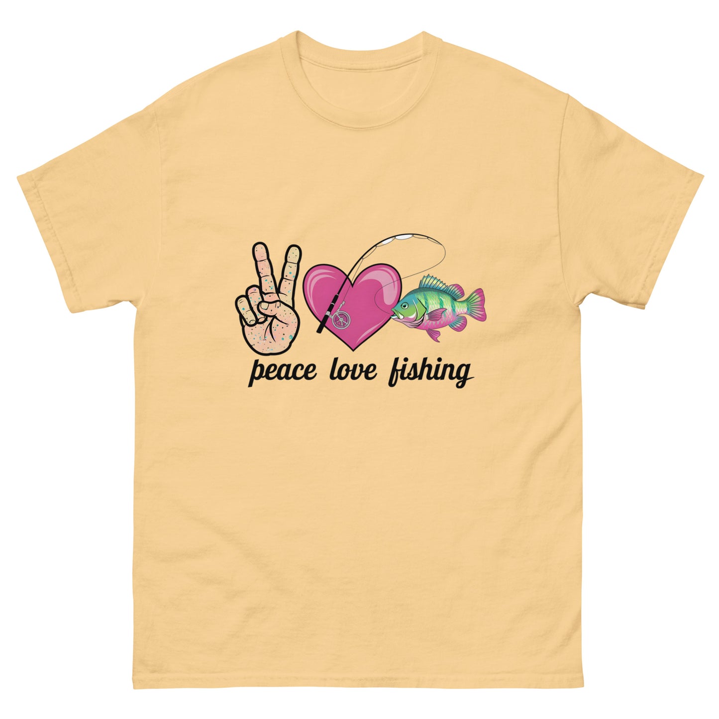 Peace Love Fishing Unisex Classic Tee Yellow Haze Front - Simple Designs LLC