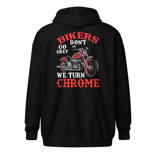 Bikers Don't Go Grey We Turn Chrome Unisex Heavy Blend Zip Hoodie Black Back - Simple Designs LLC