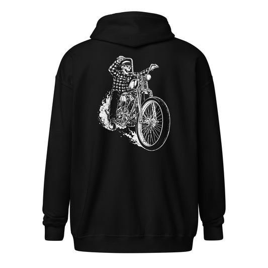 Skeleton Flannel Chopper Dude Unisex Heavy Blend Zip Hoodie Black Back - Simple Designs LLC