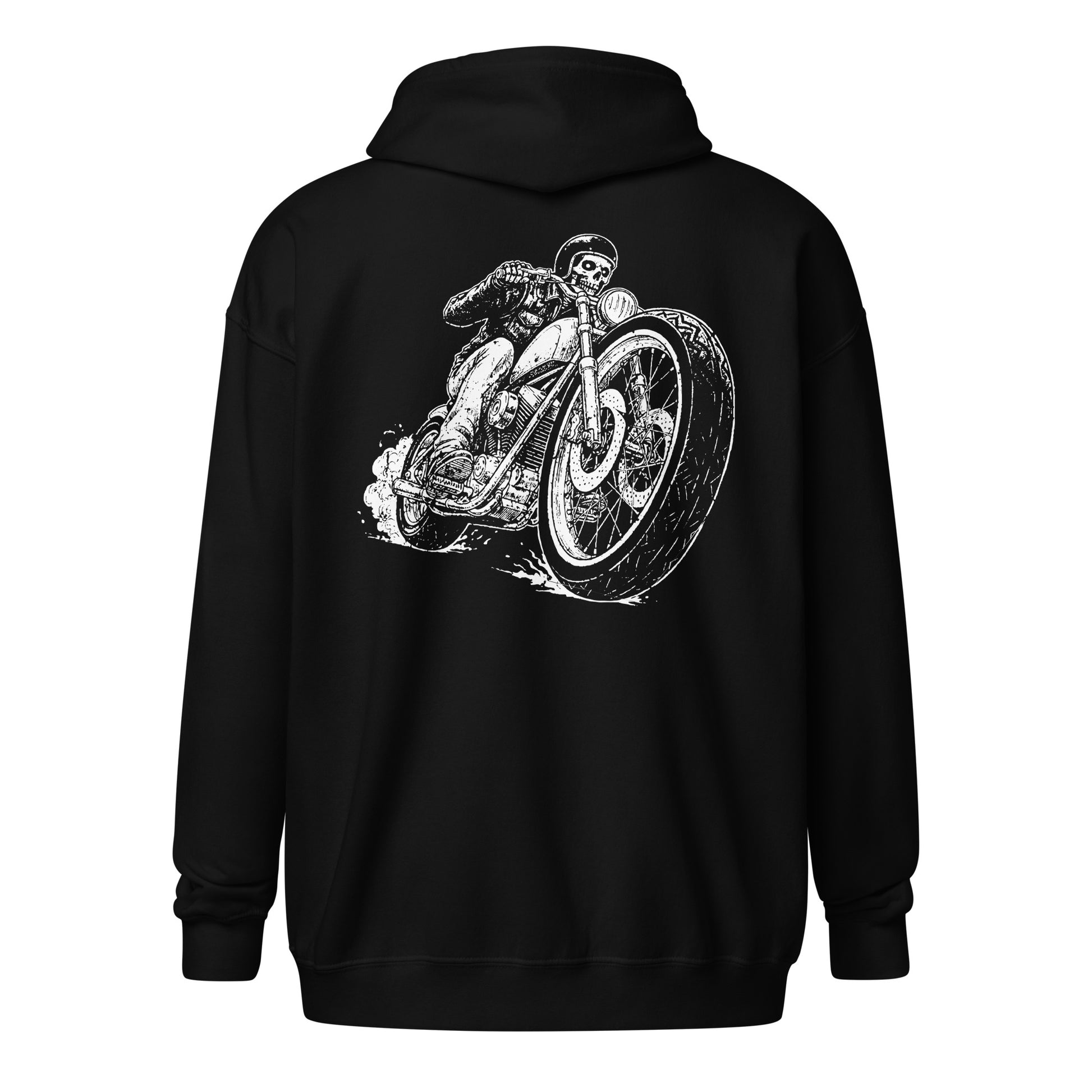Skeleton Bobber Biker Unisex Heavy Blend Zip Hoodie Black Back - Simple Designs LLC