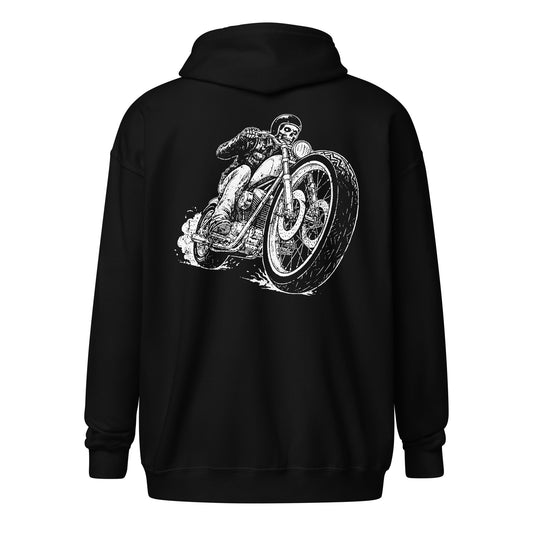 Skeleton Bobber Biker Unisex Heavy Blend Zip Hoodie Black Back - Simple Designs LLC