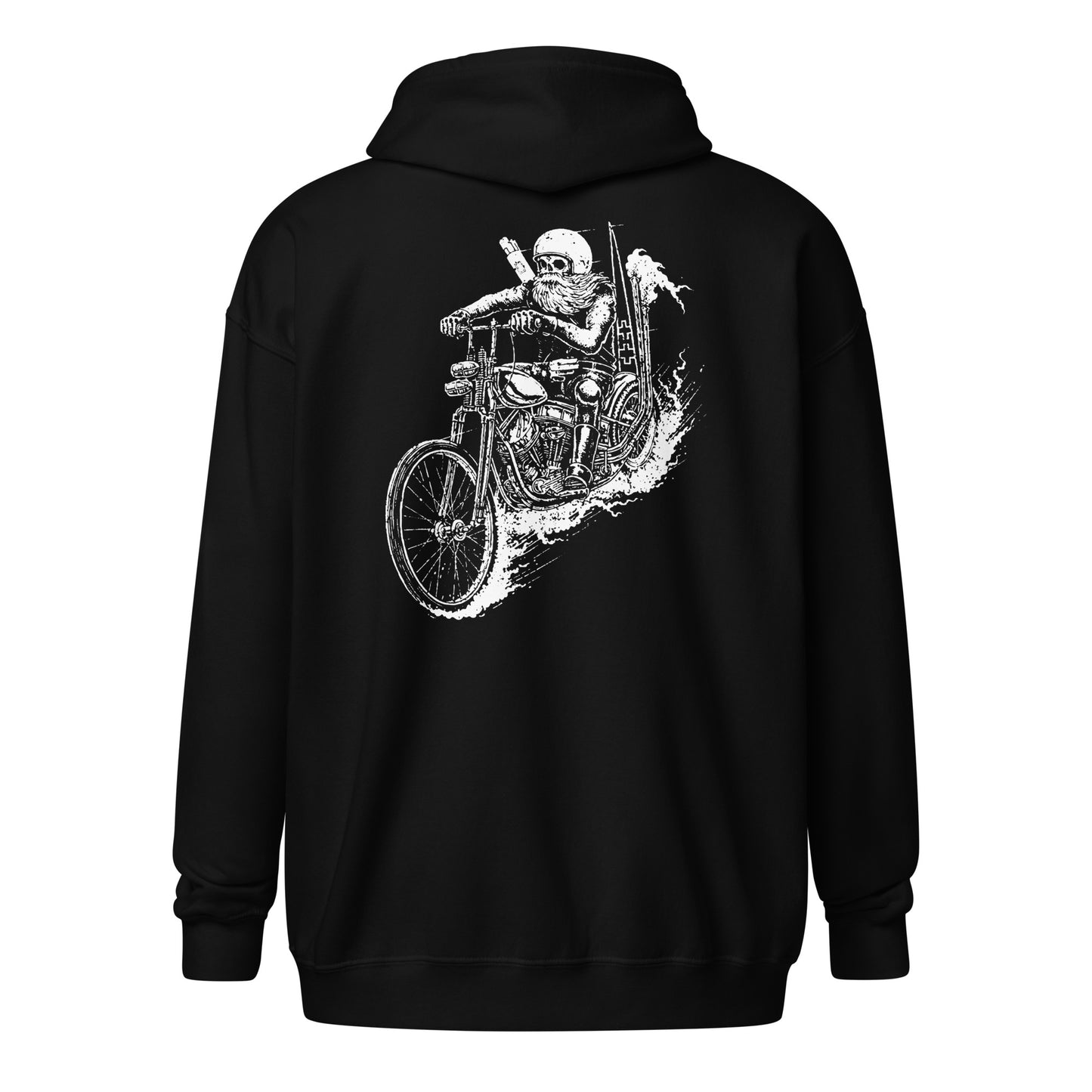 Old Skeleton Dude On Chopper Unisex Heavy Blend Zip Hoodie Black Back - Simple Designs LLC