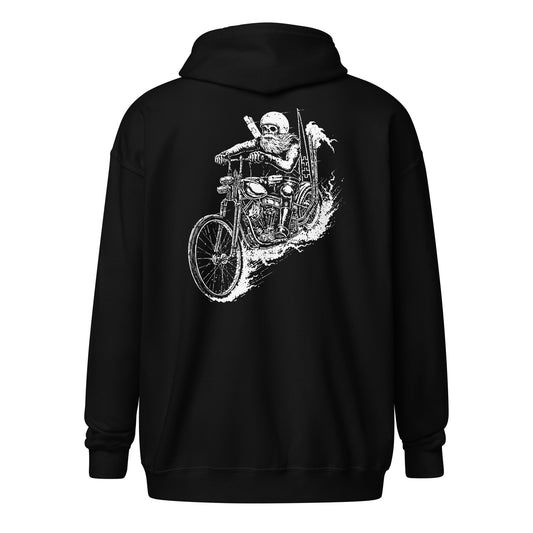 Old Skeleton Dude On Chopper Unisex Heavy Blend Zip Hoodie Black Back - Simple Designs LLC