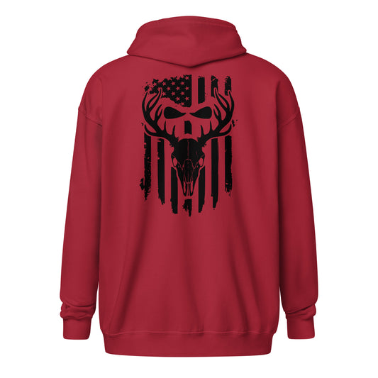 Euro Skull American Flag Zip Hoodie Cardinal Back - Simple Designs LLC