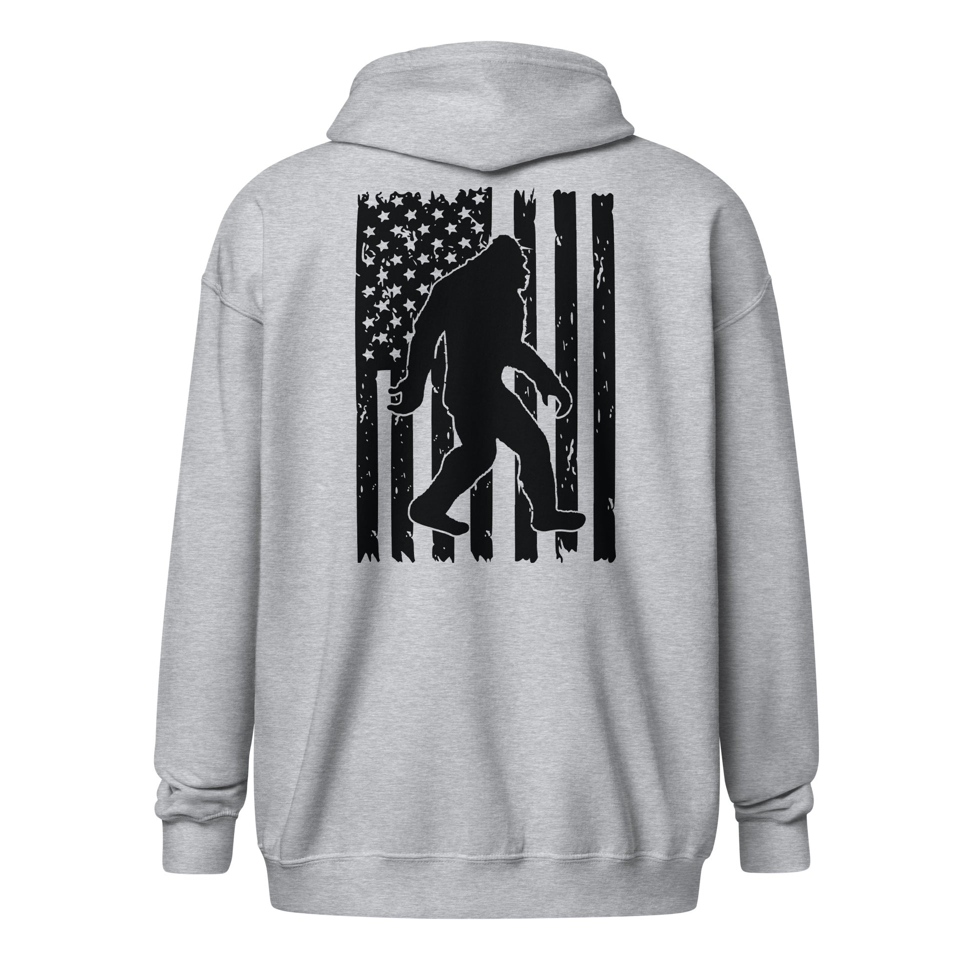 Bigfoot American Flag Zip Hoodie Sport Grey Back - Simple Designs LLC