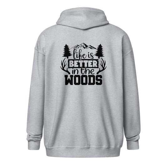 Life Is Better In The Woods Unisex Heavy Blend Zip Hoodie Sport Grey Back - Simple Designs LLC