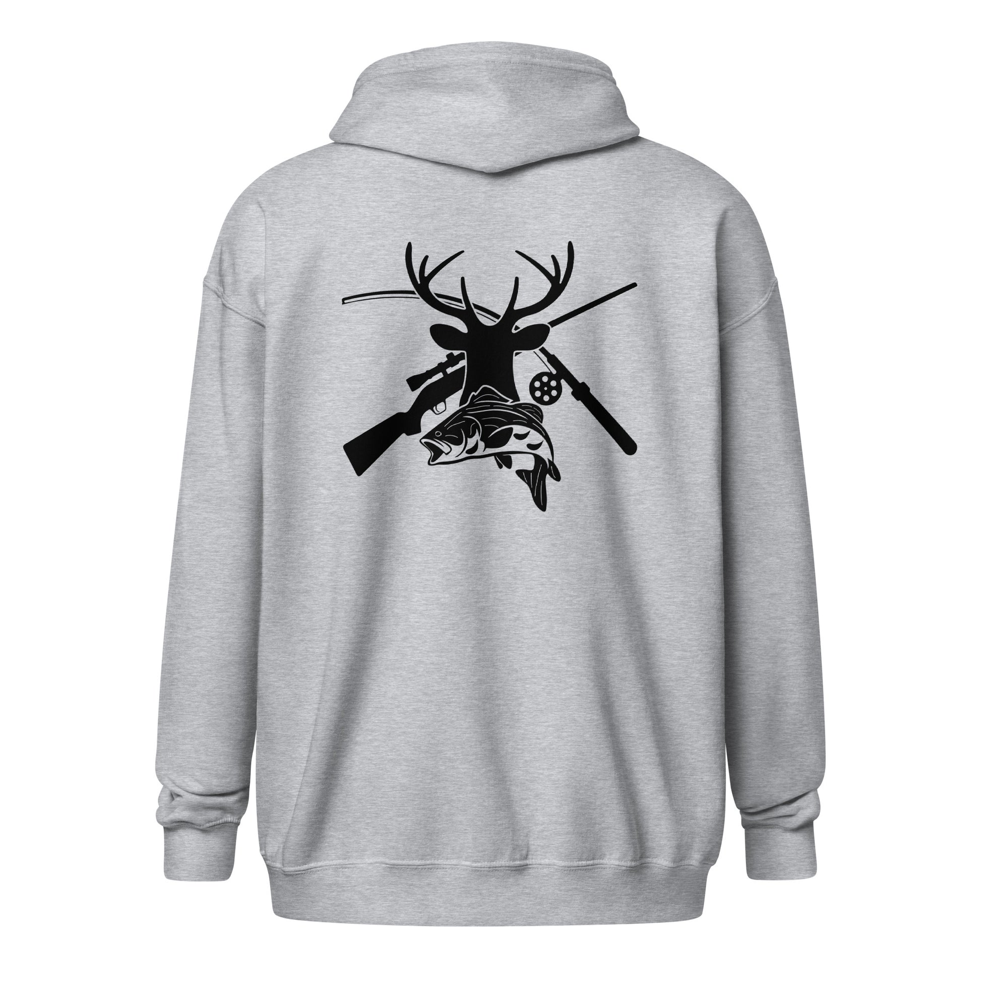 Hunt Fish Silhouette Unisex Heavy Blend Zip Hoodie Sport Grey Back - Simple Designs LLC