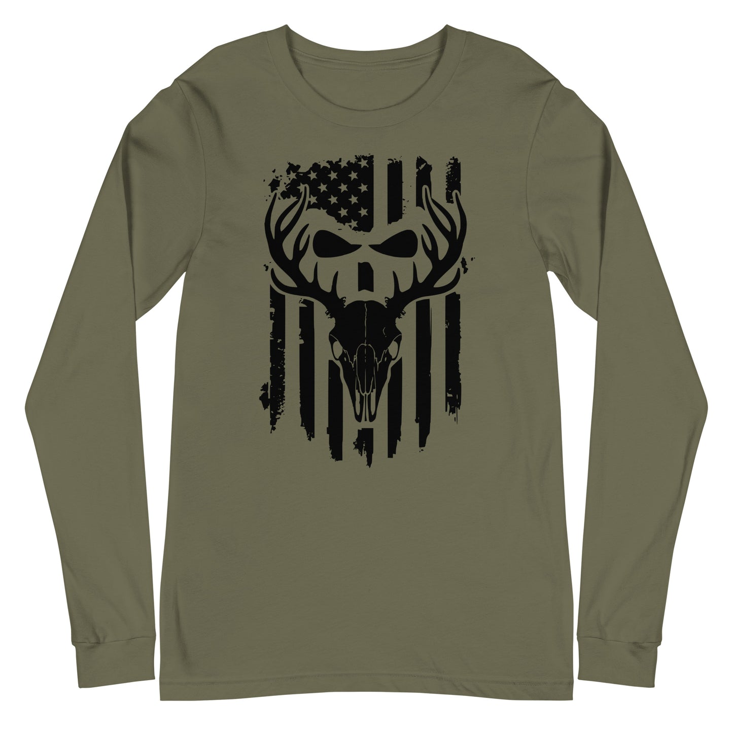 Euro Skull with American Flag Unisex Long Sleeve Tee In Military Green – Simple Designs LLC