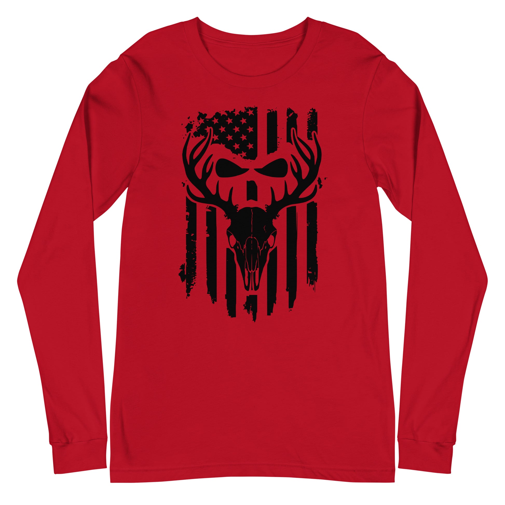 Euro Skull with American Flag Unisex Long Sleeve Tee In Red – Simple Designs LLC