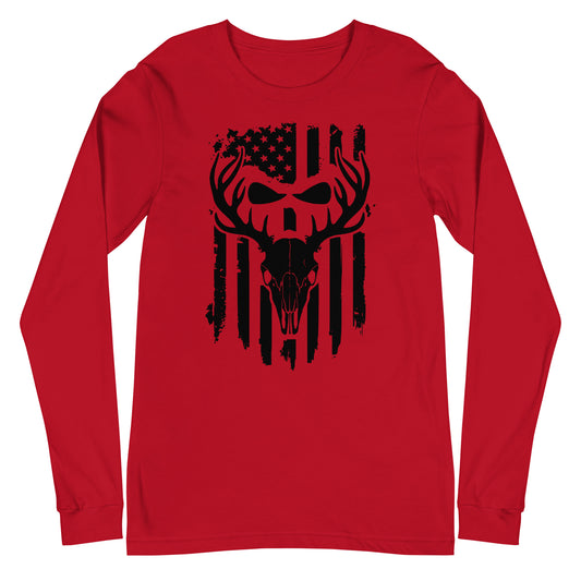 Euro Skull with American Flag Unisex Long Sleeve Tee In Red – Simple Designs LLC